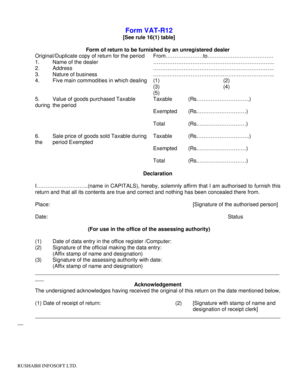 VAT-R12 Form for Unregistered Dealer