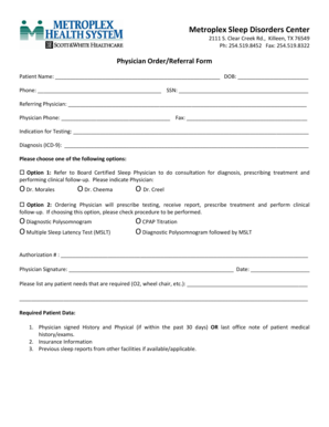 Physician Order Referral Form for Sleep Disorders