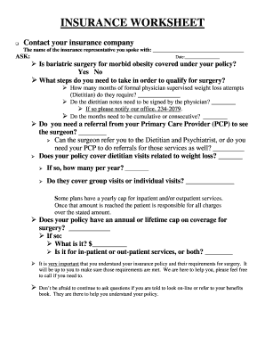 Insurance Worksheet for Bariatric Surgery