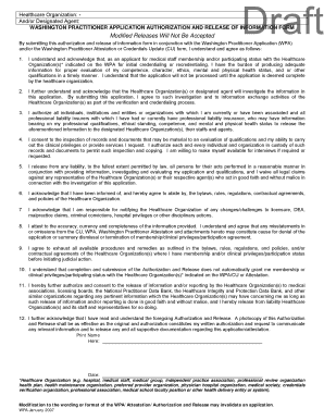 Washington Practitioner Application Authorization and Release Form