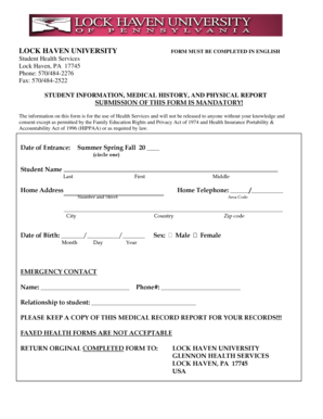 Student Health Services Medical History Form