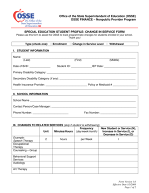 Special Education Student Profile Change in Service Form