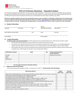 2014-15 Verification Worksheet - Dependent Student