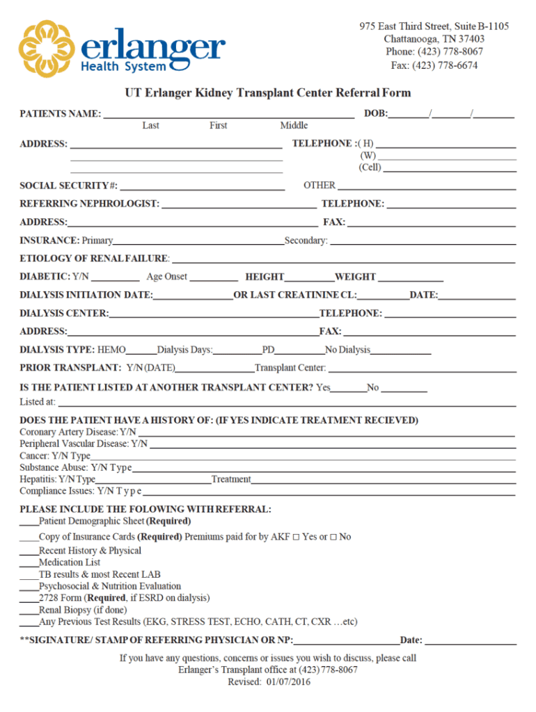 erlanger kidney transplant referral form Preview on Page 1