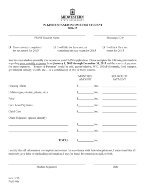 In-Kind/Untaxed Income for Student Form