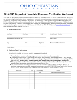 2016-2017 Dependent Household Resources Verification Worksheet