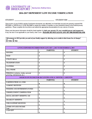 2016-2017 Dependent Low Income Verification Form