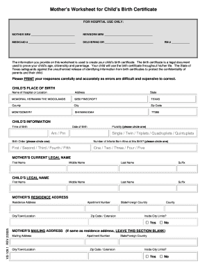 Mother’s Worksheet for Child’s Birth Certificate