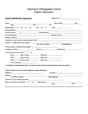 Vermont Orthopedic Clinic Patient Information Form