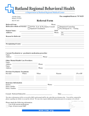 Rutland Regional Behavioral Health Referral Form