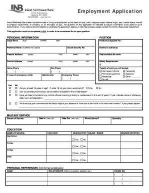 Inland Northwest Bank Employment Application