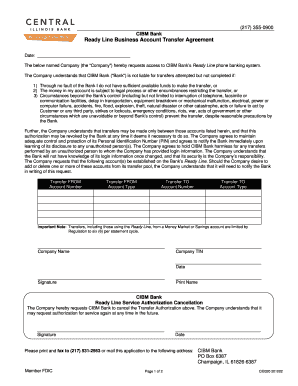 CIBM Bank Ready Line Business Account Transfer Agreement