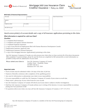 Mortgage Job Loss Insurance Claim Form