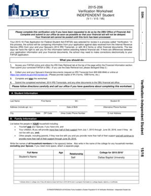 2015-2016 Verification Worksheet for Independent Students
