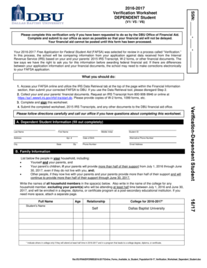 2016-2017 Verification Worksheet for Dependent Students