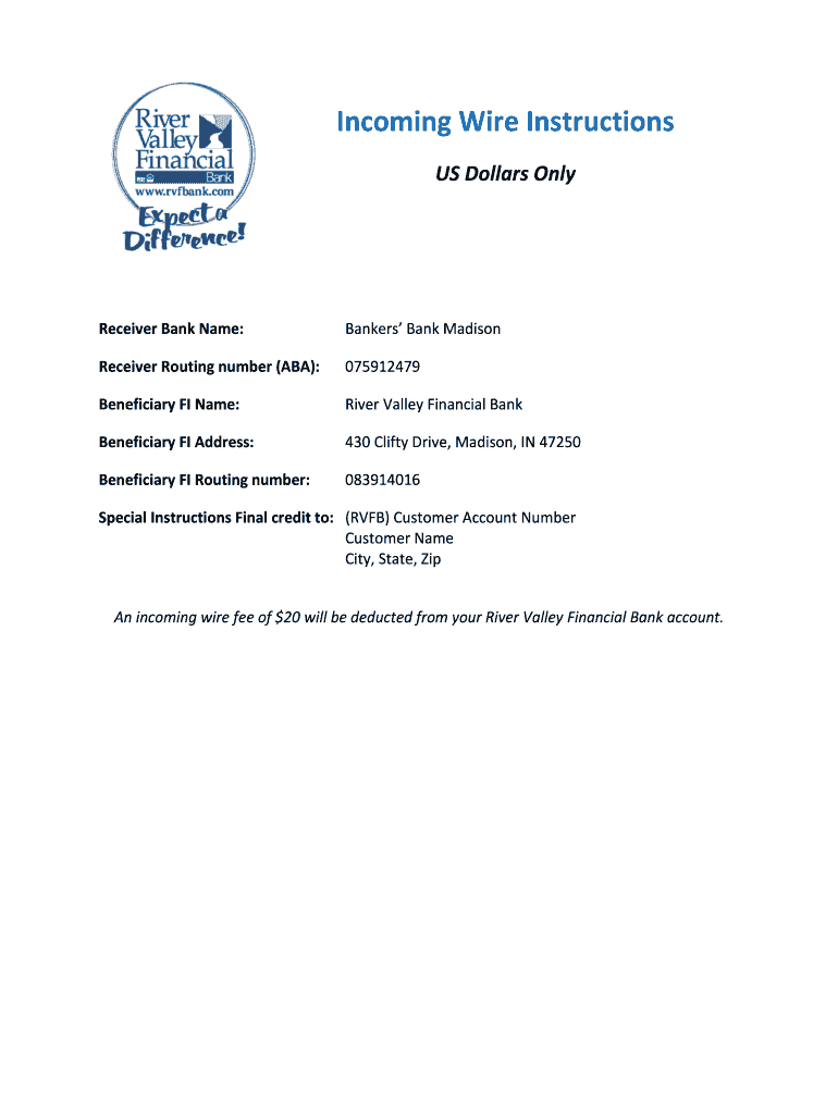 Fillable Online US Dollars Only River Valley Financial Bank Fax Email