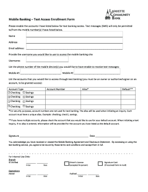 Mobile Banking Text Access Enrollment Form