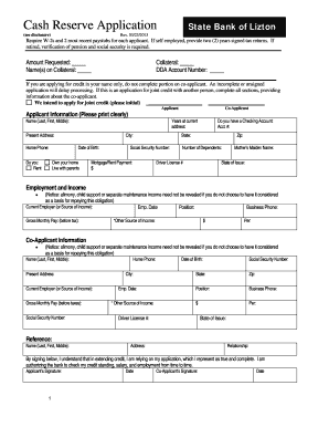 Cash Reserve Application Form