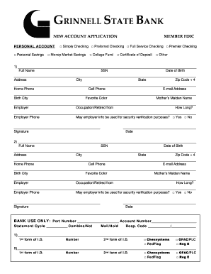 Grinnell State Bank New Account Application