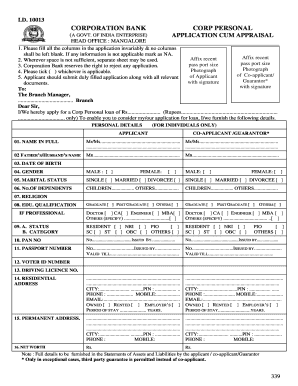 Corporation Bank Personal Loan Application