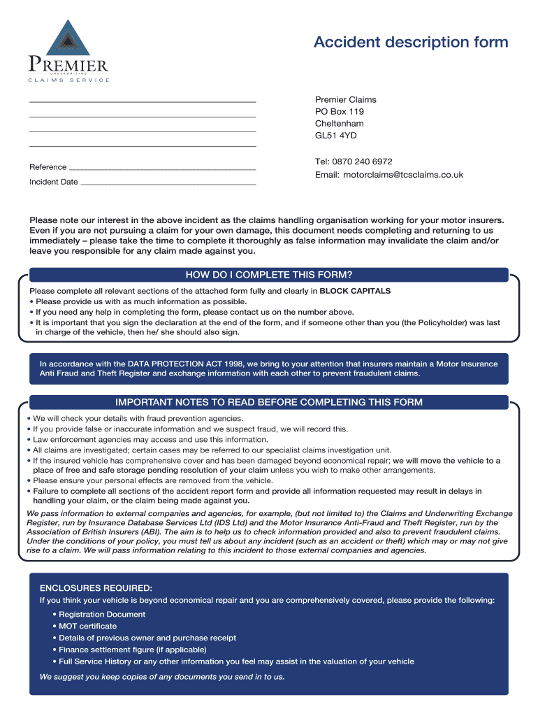 Fillable Online Accident description form Premier Underwriting Fax