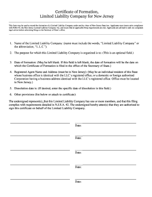 New Jersey Certificate of Formation for LLC