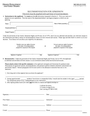 Recommendation for Admission Form