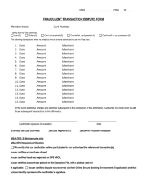 Visa Fraudulent Transaction Dispute Form