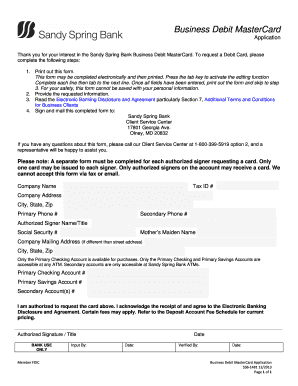Sandy Spring Bank Business Debit MasterCard Application