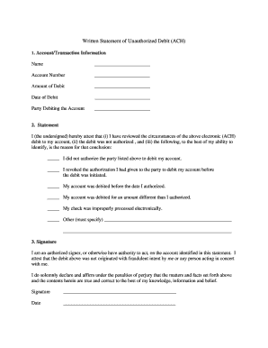 Written Statement of Unauthorized Debit (ACH)