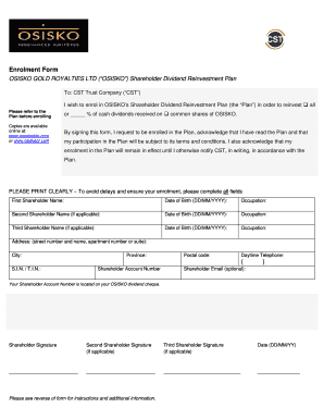 Osisko Shareholder Dividend Reinvestment Plan Enrollment Form