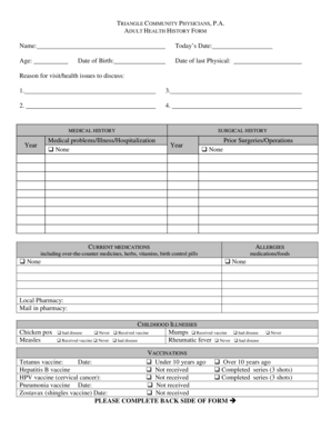 Adult Health History Form