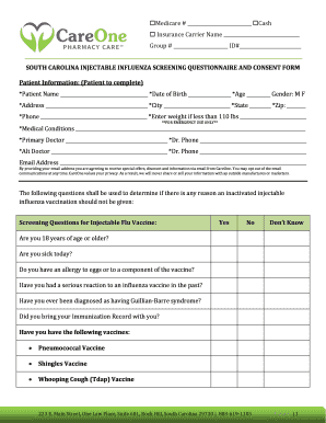 South Carolina Injectable Influenza Screening Questionnaire and Consent Form