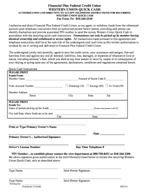Western Union Quick Cash Authorization Form