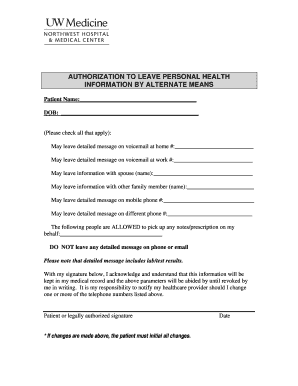 Authorization to Leave Personal Health Information by Alternate Means