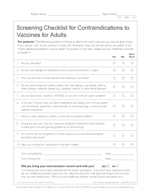Screening Checklist for Contraindications to Vaccines for Adults