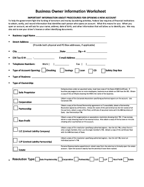 Business Owner Information Worksheet