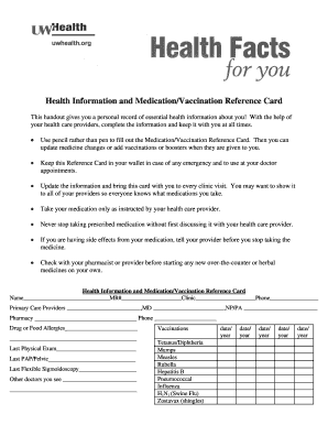 Health Information and Medication/Vaccination Reference Card