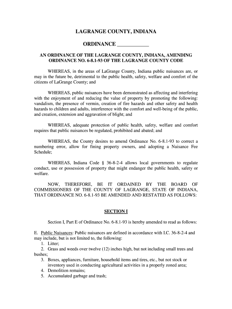 Fillable Online lagrangecounty LAGRANGE COUNTY INDIANA ORDINANCE
