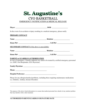CYO Basketball Emergency Notification & Medical Release