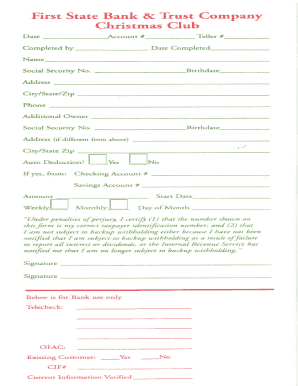 First State Bank Christmas Club Account Form