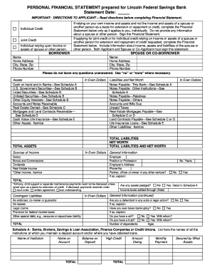 Personal Financial Statement for Lincoln Federal Savings Bank