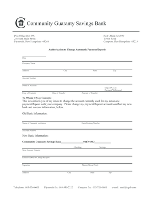 Authorization to Change Automatic Payment/Deposit