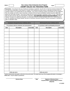 New Jersey Urban Enterprise Zone Exempt Sales Tax Tracking Form