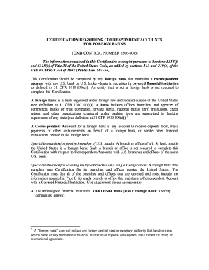 Certification Regarding Correspondent Accounts for Foreign Banks