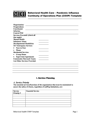 Behavioral Health Pandemic Influenza COOP Template