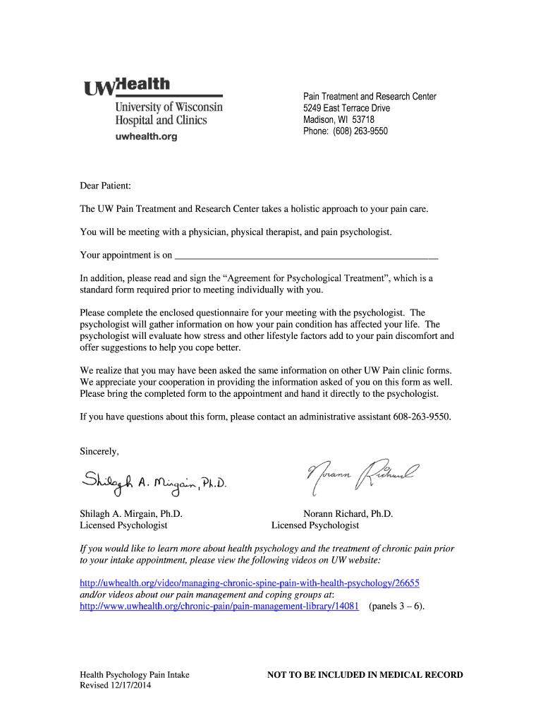 Fillable Online uwhealth Pain Treatment and Research Center 5249 East