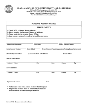 Alabama Board of Cosmetology Personal Address Change Form