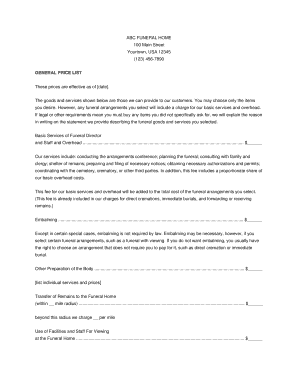 Funeral Home General Price List