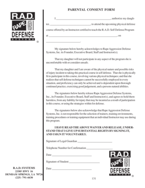 Parental Consent Form for R.A.D. Self Defense Program